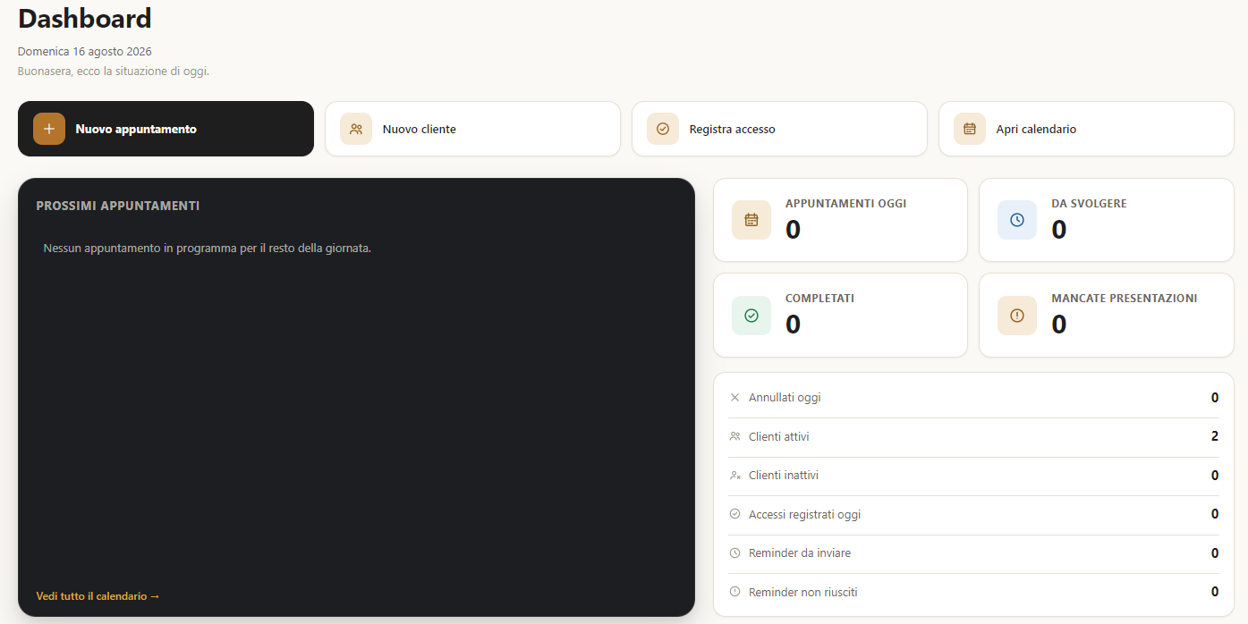 Dashboard operativa di Barber Manager con appuntamenti e indicatori della giornata